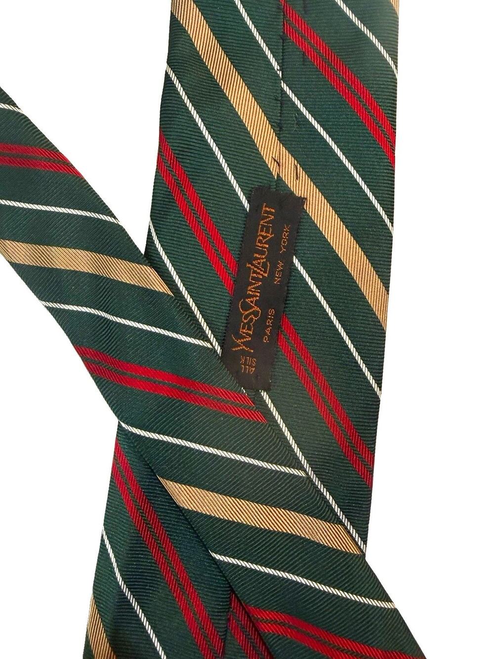 Yves Saint Laurent Men's Striped Woven Silk Tie Green Red Beige White Classic